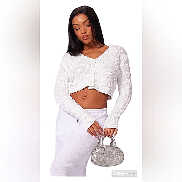 PRETTYLITTLE THING WHITE BOBBLE KNIT CROP CARDIGAN NWT SIZE S - Picture 3 of 13